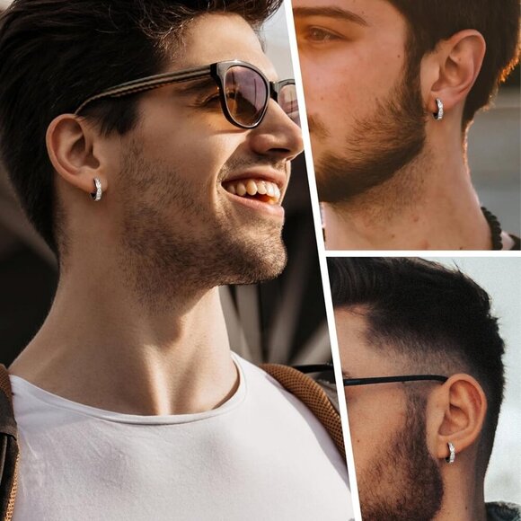 Hypoallergenic Gold/Black/Silver Hoop Earrings with Cubic Zirconia - Unisex - Picture 7 of 8